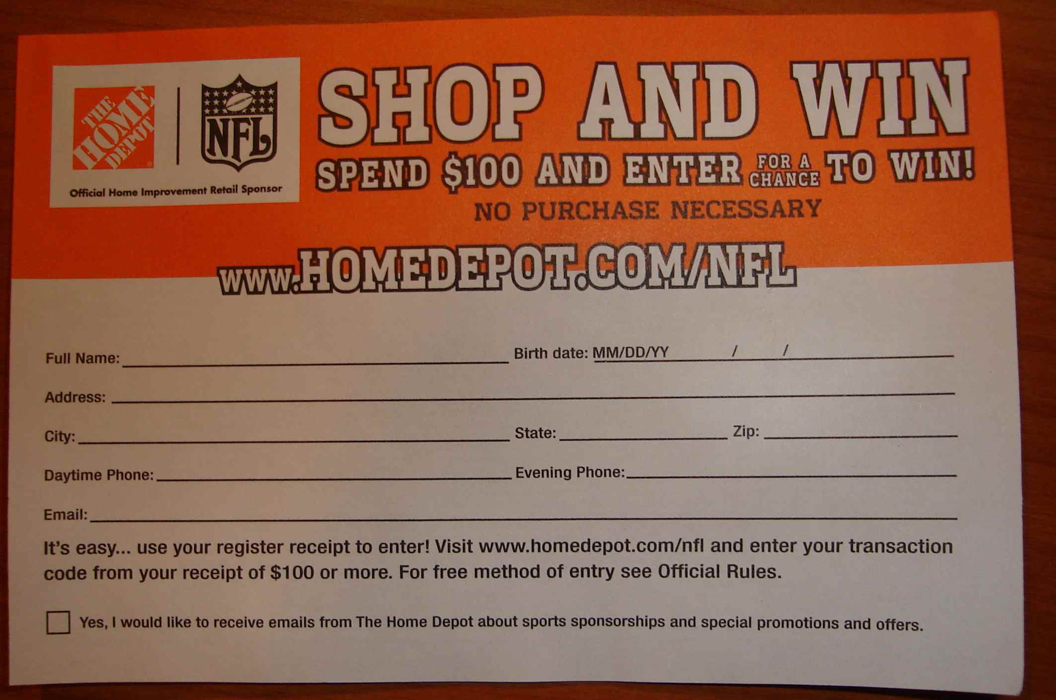 Home Depot Spend $100 and Enter Form
