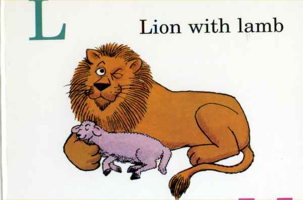 Lion with conspiratorial wink with lamb